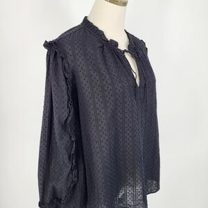 Boutique Boho Peasant Blouse Black Swiss Dot Ruffled Sleeve XL Time and Tru